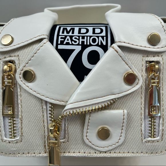 Leather & Canvas Jacket/ Biker Handbag Purse In Cream/White - Picture 4 of 8